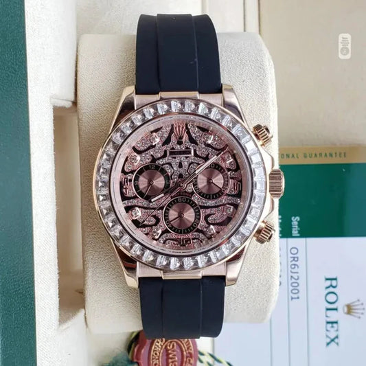 Cosmograph Daytona Chronograph Quartz Chronometer Diamond Men's Watch In Rose Gold Color Case And Designer Dial - EYE OF THE TIGER TIGER-R-1166