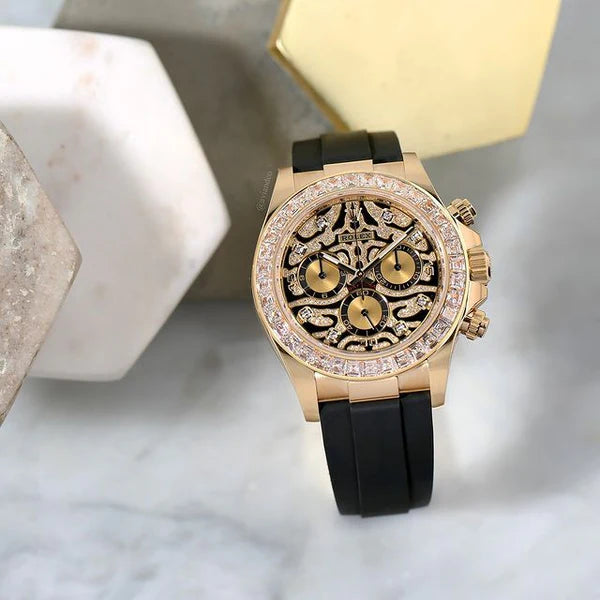 Golden Case Chronograph Men's Watch Daytona Eye Of The Tiger, Quartz Watch With Diamond TIGER-1165