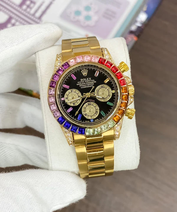 Dual Color Men's Watch With Stainless steel Strap & Black Dial, Rainbow